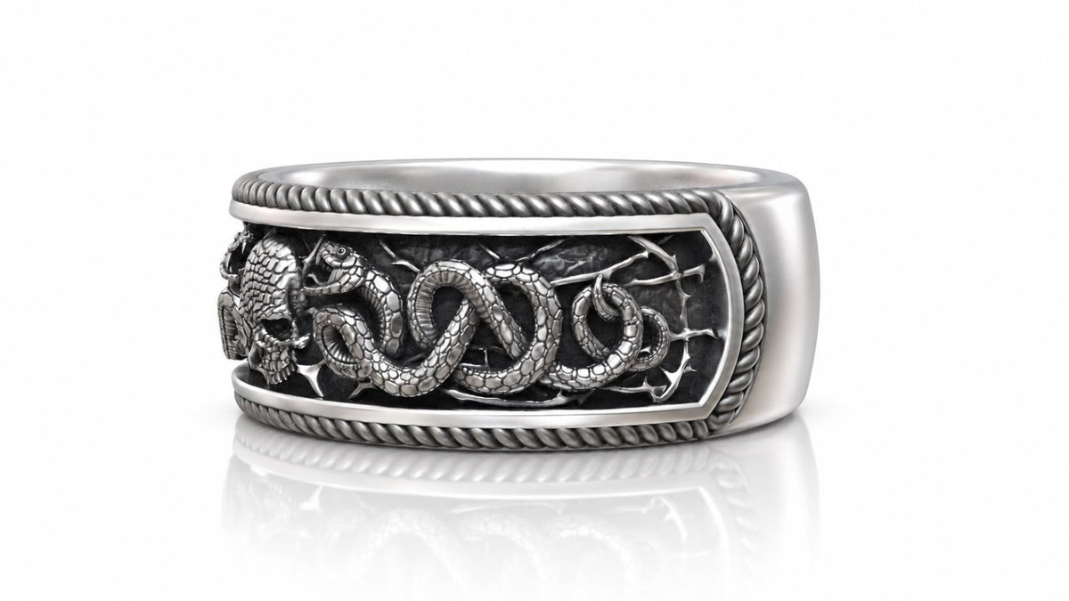 Twin Snakes & Skull Band Ring – Sterling Silver