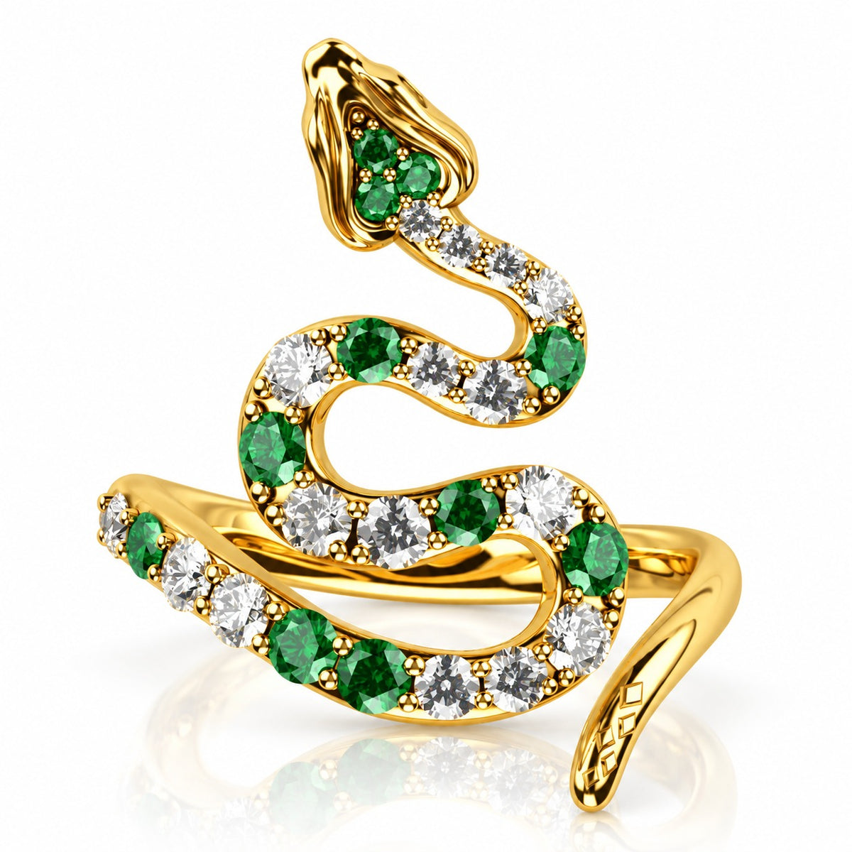 Coiled Snake Ring with Emerald Green and White CZ – Solid 14K or 18K Gold