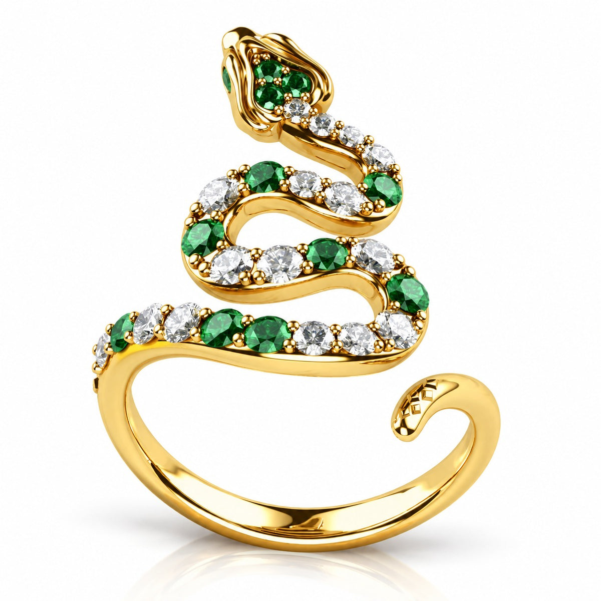 Coiled Snake Ring with Emerald Green and White CZ – Solid 14K or 18K Gold