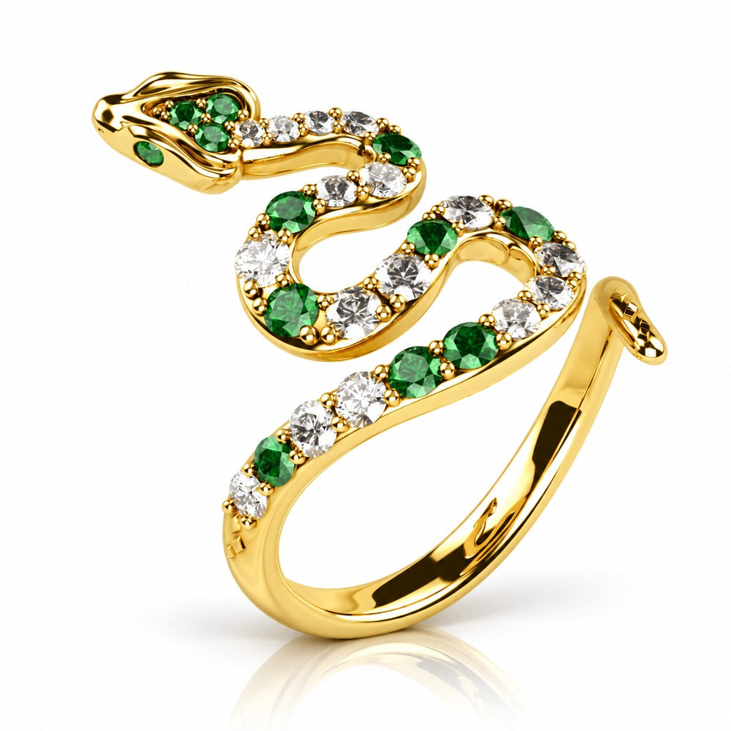 Coiled Snake Ring with Emerald Green and White CZ – Solid 14K or 18K Gold